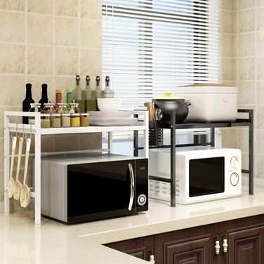 Adjustable Microwave Rice Cooker Stand Holder Kitchen Countertop Storage Organizer Shelf Freestanding Expandable Spice Rack (1 Tier, Black)