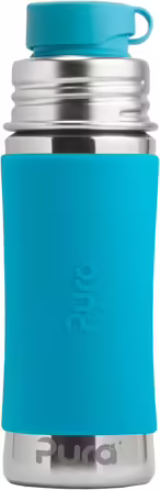 Pura Sport vacuum-insulated 650 ml stainless steel water bottle with silicone sports flip-top lid and sleeve (plastic-free, non-toxic certified, BPA-free) (Aqua)