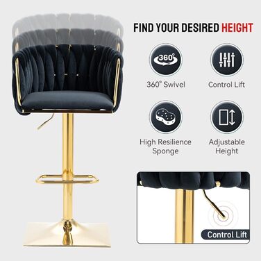 SUPPNEED Velvet Bar Stools 2-Pack - Adjustable Swivel Barstools with Backrest for Kitchen & Bar (Black)