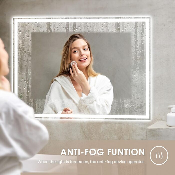 Дзеркало для ванної кімнати з LED-підсвічуванням Dripex, 50x70 см, сенсорне управління, протитуманне покриття, Bluetooth, розетка, 3 кольори світла