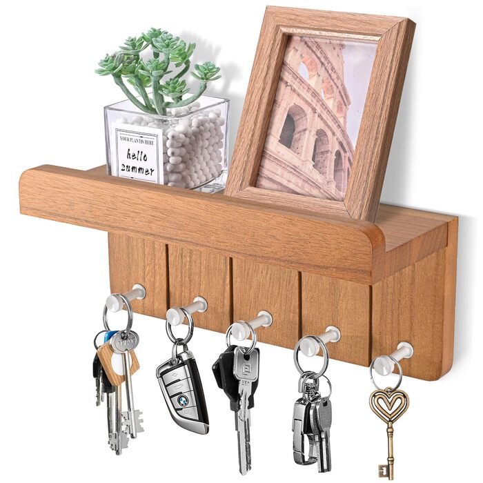 Дерев'яне ключниця з полицею, 5 гачків, для прихожей, кухні, спальні (колір: коричневий)
