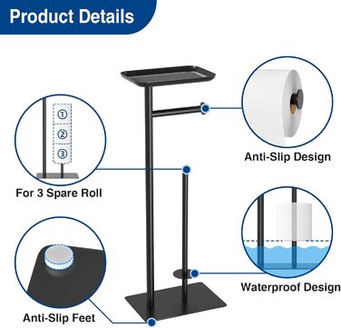 Настінний тримач для туалетного паперу з полицею, чорний, з місцем для 4 запасних рулонів, нержавіюча сталь
