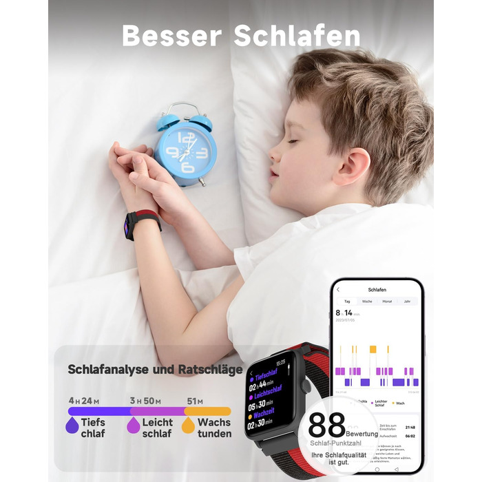 Смарт-годинник BIGGERFIVE для дітей, фітнес-трекер з пульсометром, крокоміром, моніторингом сну, водонепроникний (5ATM), будильник, 1.5' HD-сенсорний екран, для дівчаток та хлопчиків 3-14 років, ремінець нейлон, чорний/червоний