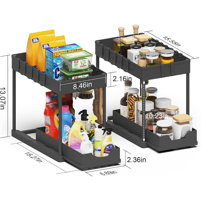 Dish Cabinet Organizer - 2 Pack Under Sink Shelf Organizer - Pull Out Storage Shelf Organizer with 16 Hooks, Black