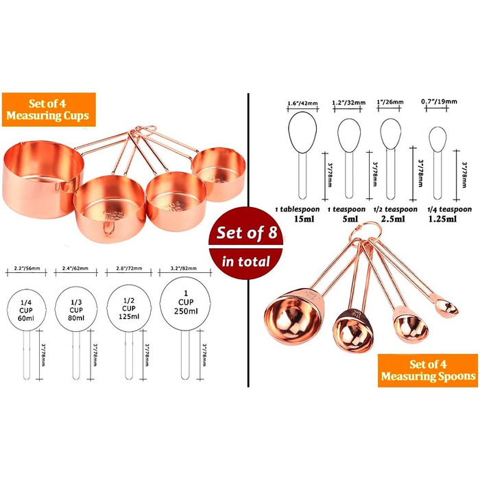8-Piece Measuring Cup and Spoon Set, Stainless Steel Measuring Spoons with Buckle, Kitchen Baking Accessories for Milk-Tea Shops, Bars, Cafés, Kitchen Utensils (Color: Rose Gold)