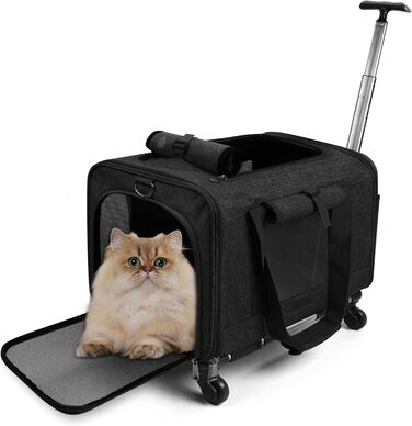 Переноска для тварин ALLSOPETS з колесами для котів та собак, схвалена для авіаперельотів, з висувним ручками, знімними колесами та плечовим ременем, сіра