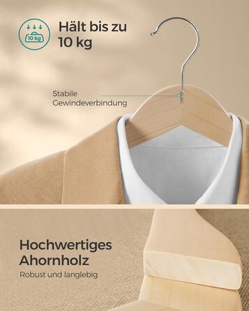 SONGMICS Wooden Clothes Hangers, 36-Piece Set, Wooden Hangers, Shoulder Indentations, Trouser Bar, Trouser Hanger, 360° Swivel Hook, for Jackets, Shirts, Coats, natural beige CRW010N36