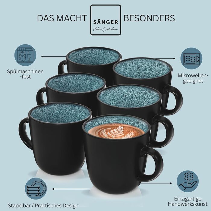 Набір кавових чашок Sänger Vigo (6 шт.) з порцеляни, 400 мл, блакитні з чорним обідком, стійкі до миття в посудомийній машині та мікрохвильовій печі | VALUE COLLECTION