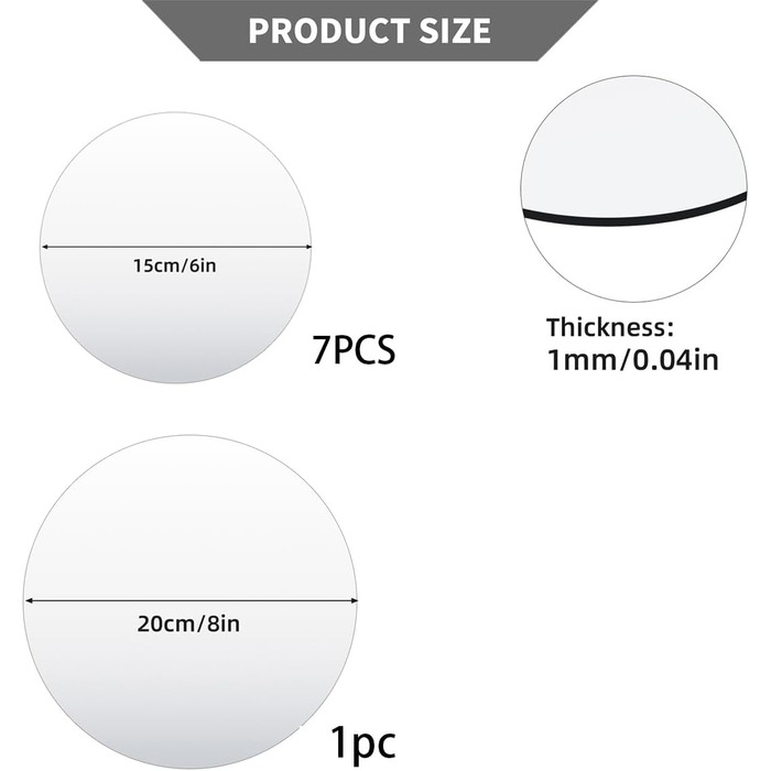 8 круглих дзеркал для декору столу, акрилові дзеркала, підсвічники, круглі дзеркальні підносів, декоративні дзеркальні плитки для декору столу та стін (6/15см, 8/20см)