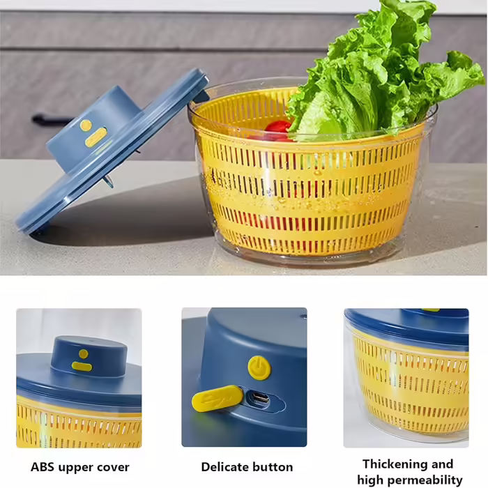 Automatic Salad Spinner, USB Wireless 4000ml Salad Spinner Dehydrator for Fruits and Vegetables, Salad Bowl for Serving, Quickly Drains Kitchen Helper in Trendy Color, Long Standby Time (Blue)