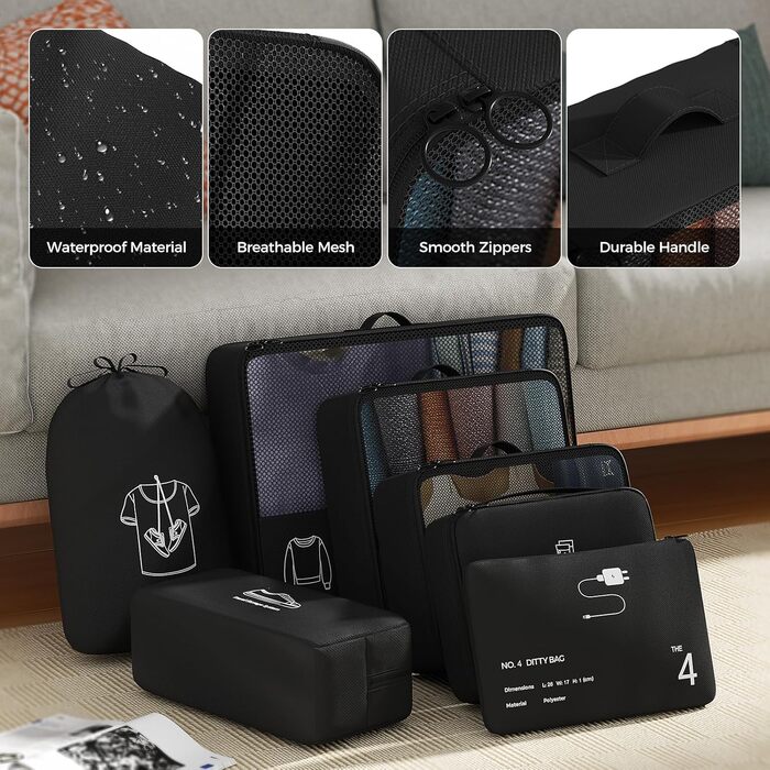 Органайзер для валізи Yomisee, набір 7 шт. - комплект кубиків для пакування, туристичні сумки для одягу, чорний