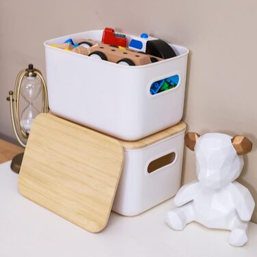 Kerhouze 2 PCS Storage Box with Bamboo Lid White Storage Plastic Box for Organization Stackable Storage Boxes with Handle for Kitchen Bathroom 38.4 * 27 * 15.2cm, 13L (2PACK 6.5L)