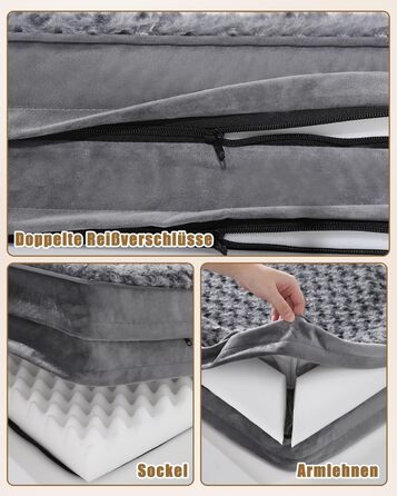 KSIIA Dog Bed for Medium-Sized Dogs, Orthopedic, Removable and Washable Base and Armrest Cover, Waterproof Inner Liner, Dog Sofa Dog Basket with Raised Edges, Non-Slip Bottom, Dog Couch Grey