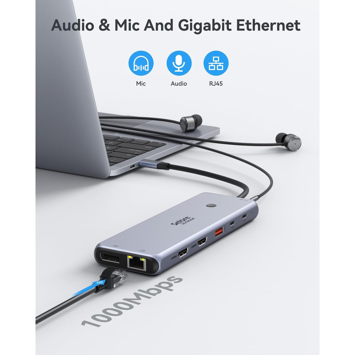 Док-станція USB C 13 в 1 для трьох моніторів: Dual HDMI 4K, DisplayPort, 10G USB 3.1, Ethernet, PD 100W, аудіо/мікрофон, сірий