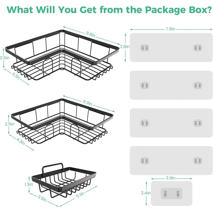 Дзеркальна поличка для душу без свердління, 2 шт. Органайзер для ванної кімнати з 8 гачками, швидковисихаюча поличка для душу, велика місткість, міцна підставка для шампуню (Чорний). 2 шт. Дзеркальна поличка для душу прямокутна (3 шт. куткова поличка для 