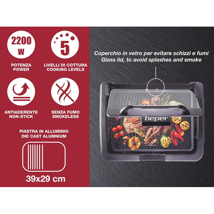 BEPER Electric Grill with Glass Lid - Non-Stick Coated Grill Plate, Stainless Steel, 2200W, Black