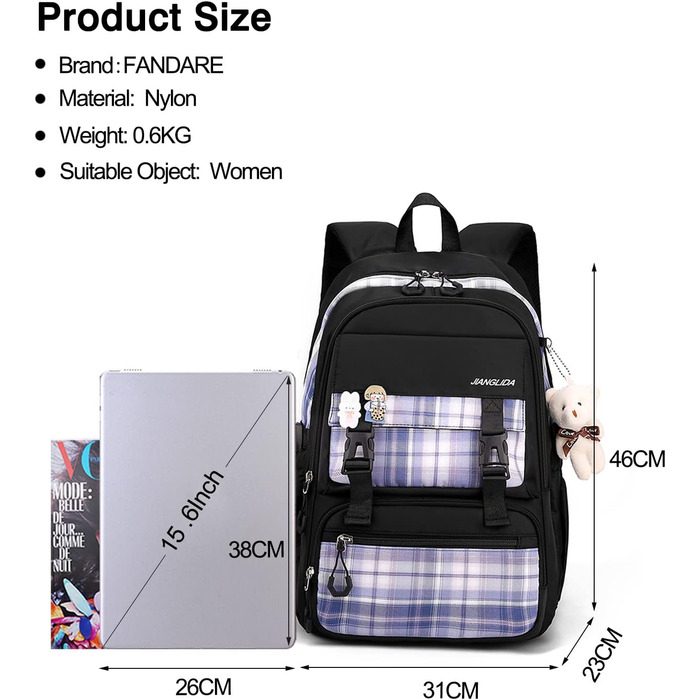 Шкільний рюкзак FANDARE: водонепроникний, з плюшевим брелоком, для чоловіків та жінок, підходить для школи, подорожей та відпочинку