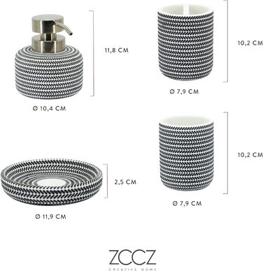 ZCCZ Bathroom Set – 4-Piece Organizer Set with Toothbrush Holder, Soap Dispenser, Cosmetic Bowl, and Cotton Swab Holder – Elegant Stone-Look Decoration, for Modern Bathrooms (Black/White)