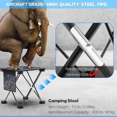 Складний туристичний стілець Aiwoxing: компактний, портативний, для кемпінгу, відпочинку на природі, риболовлі, саду та BBQ. Колір: блакитний, камуфляж.