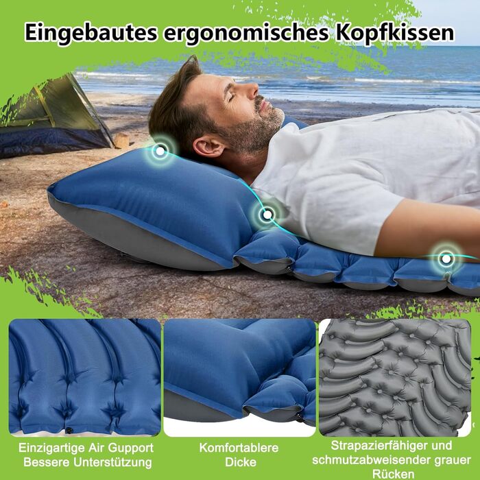 MEIJO Саморозгортальний килимок для кемпінгу, ізомат, туристичний килимок, самонадувна повітряна матрац для відпочинку на природі, похідів, кемпінгу, пляжу, блакитний & сірий