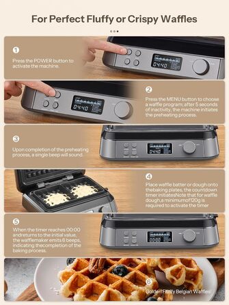 1600W Belgian Waffle Maker - 5 Programs, 7 Browning Levels, LCD Display, Timer, Stainless Steel