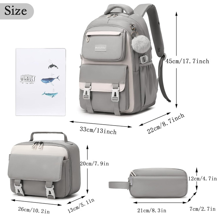 Шкільний рюкзак Makukke для дівчаток та підлітків: набір рюкзаків, водонепроникний, 30L (сірий)