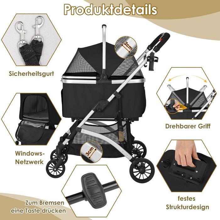 Візок для собак Mamizо 3-в-1: візок, переноска, сумка. До 20 кг, поворотні колеса, кошик, тримач для напоїв, для собак та котів (сріблястий, чорний)