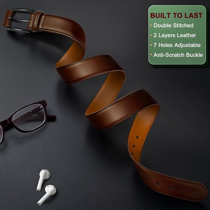 Чоловічий ремінь KEMISANT 2 шт. – шкіряний ремінь для чоловіків, повсякденний, для гольфу, до джинсів, 3,5 см, 2 шт. в упаковці, чорний/кавовий, розмір 63-110 см