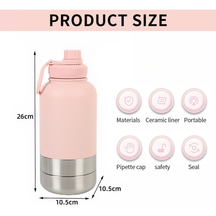 Миска-поїльник для собак 3-в-1 950 мл (Рожева) - для подорожей, з термоізоляцією та мискою, 3-в-1