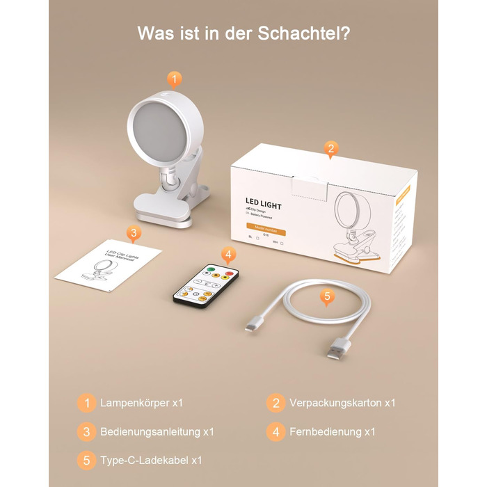 Нічник на ліжко акумуляторний бездротовий з USB-C, 5000mAh, з кліпсою, димуючий, з пультом, LED, 360° поворотний, для спальні, кемпінгу (білий)