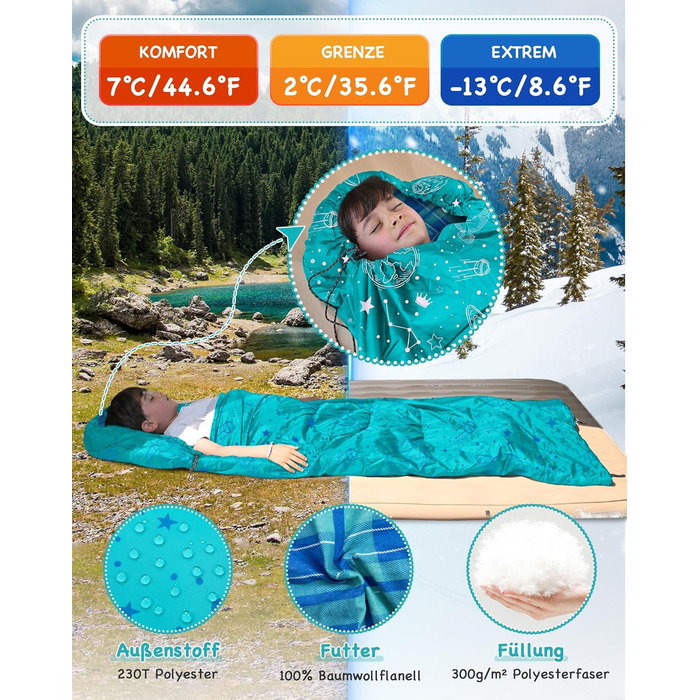 KingCamp Kids Sleeping Bag - Winter Warmth, 3-4 Season Comfort for Camping & Trekking - 170x70cm, 7°C Rating