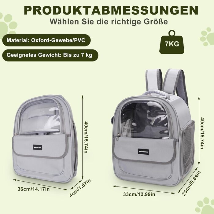 Рюкзак для кота/собаки до 7 кг, дихаючий, з сіткою та страхувальним ремінцем – водонепроникний оксфорд, для подорожей, ветеринара (сірий)