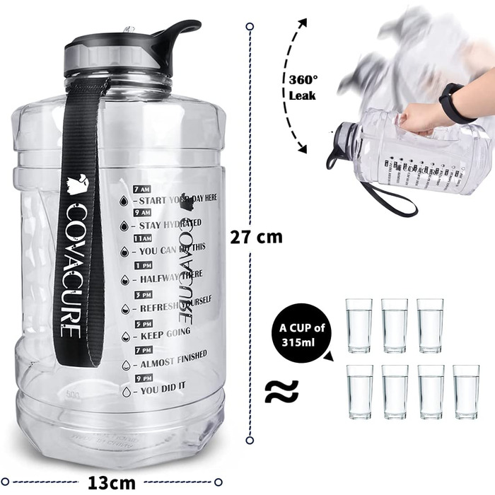 COVACURE Water Bottle Sport - 2.2L Large Water Bottle, BPA Free, Leak-Proof, for Fitness, Gym, Home, Office, Outdoor (Transparent)