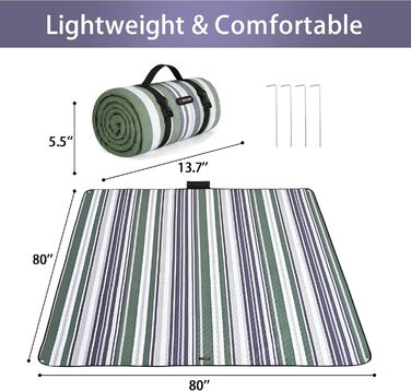 Плед для пікніка водонепроникний HX&OD, 203x203 см, складаний, з ручкою, сіро-зелений