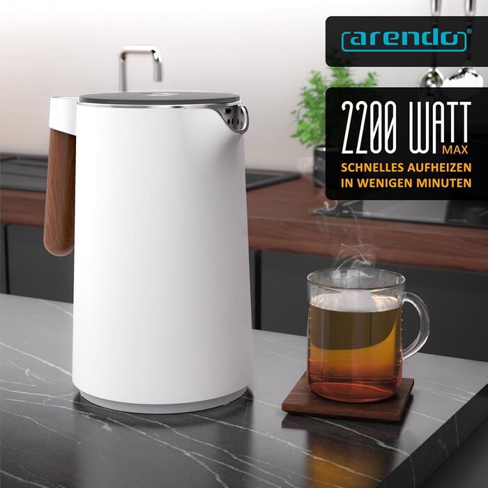 Arendo - Stainless Steel Kettle with Temperature Setting - 45°C-100°C - 1.5 Liter - Double-Walled - BPA Free - Keep Warm Function - Tea Kettle with Temperature Display - Cool Touch Handle - matte white (B: Dark Handle)
