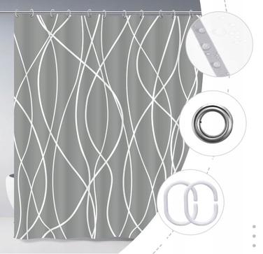 Сучасна текстильна штора для ванни, сіра, 180x200 см, з кільцями