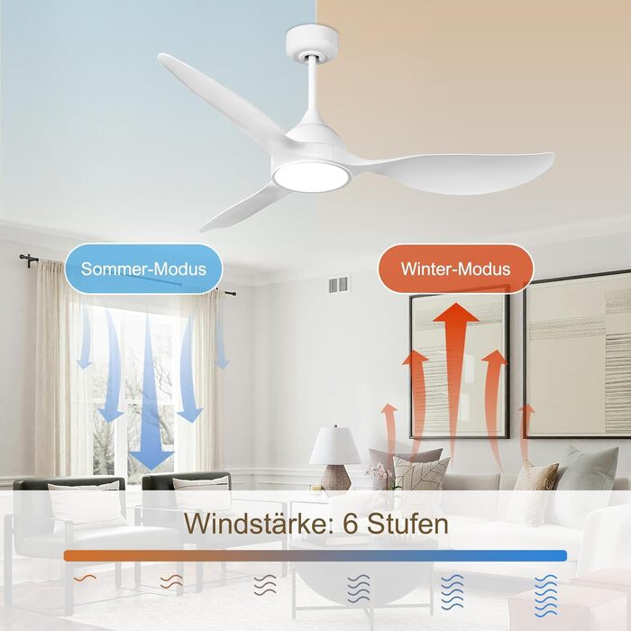 Стеляний вентилятор Reiga з підсвічуванням та пультом дистанційного керування 132 см, тихий реверсивний двигун, 6 швидкостей, таймер, регульована яскравість та 3 колірні температури, світло-коричневі лопаті (білий, з пультом)