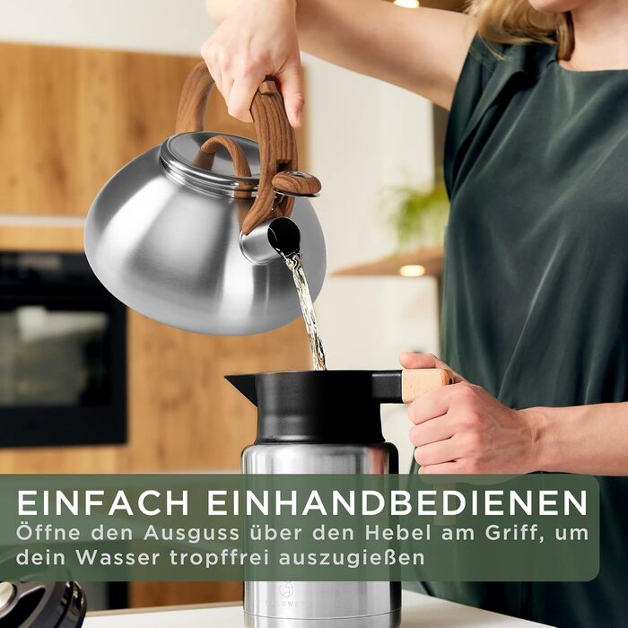 WALDWERK Water Kettle (2.3L) - Water kettle for induction and gas hob - Teapot with wood-look handle - Whistling kettle with whistle, stainless steel & plastic