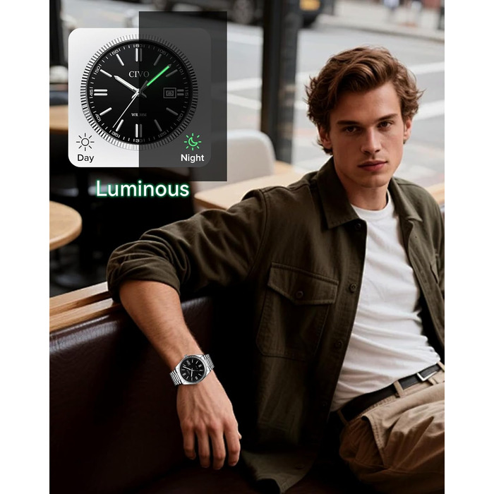 Чоловічий годинник CIVO з нержавіючої сталі: аналоговий бізнес-годинник з датою, що світиться - водонепроникний для роботи та відпочинку - стильний подарунок для чоловіків, чорний 8349