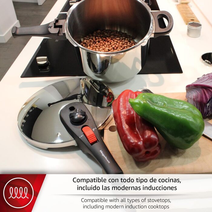 Каструля-скороварка Magefesa Practika Plus 7.5L з нержавіючої сталі 18/10, з датчиком тиску, для індукційних плит, економна, для здорового приготування їжі, з безпечним клапаном