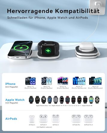 Зарядна станція 2-в-1 для Apple Watch та iPhone MagSafe (20W, чорна) - сумісна з iPhone 17e/Air/17/16/15/14/13/12, Apple Watch Series 11/10/9/8/7/6/5/4/3/2/SE/Ultra, AirPods