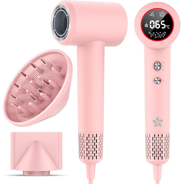 Фен з дифузором, 57dB, швидке сушіння, для подорожей та дому (рожевий)