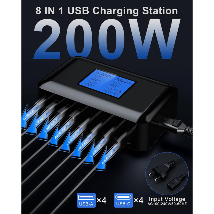 Зарядний пристрій RENGOGA 200W USB-C GaN 8 портів з LED дисплеєм для MacBook, iPad, iPhone, Samsung Galaxy - чорний