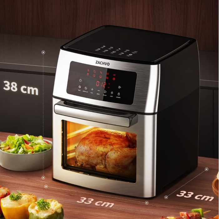 XXL Hot Air Fryer - ZACHVO Airfryer 15L - 10 Programs 1700W Hot Air Fryer with LCD Touchscreen - Air Fryer Frying Without Oil, 7 Accessories, 90% Less Fat - Oven, Grill, Dehydrator All in One Silver Hot Air Fryer