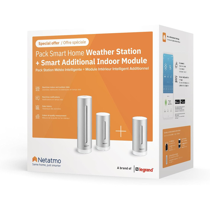 Netatmo Indoor and Outdoor Weather Station with Wireless Outdoor Sensor + Add-on Module, Compatible with Amazon Alexa, Google Home, and Apple HomeKit, NBU-NWS-NIM-EU Weather Station + Additional Outdoor Module