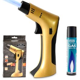 Набір кулінарного пальника TOM Jetflame (Золотий) з балоном бутану: професійний газовий пальник з замком безпеки для кухні, кемпінгу та майстерні, багаторазовий