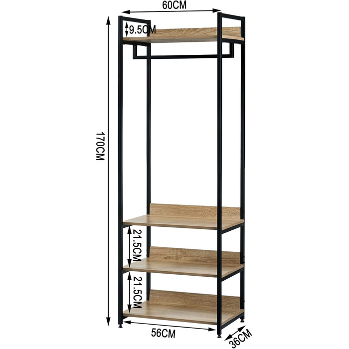 WOLTU Clothes Rack with Shelf, Open Wardrobe with Shoe Shelf, Coat Rack for Bedroom, Wood and Steel (Light Oak + Black)
