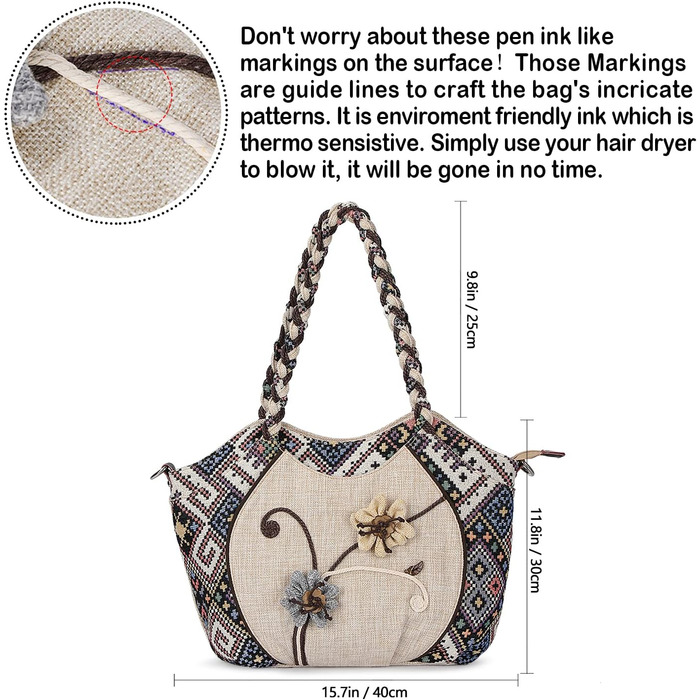 Сумка жіноча Boho етнічна льняна через плече, велика містка сумка-торбинка з вишивкою, регульований ремінь. Богемна вінтажна сумка для дівчат