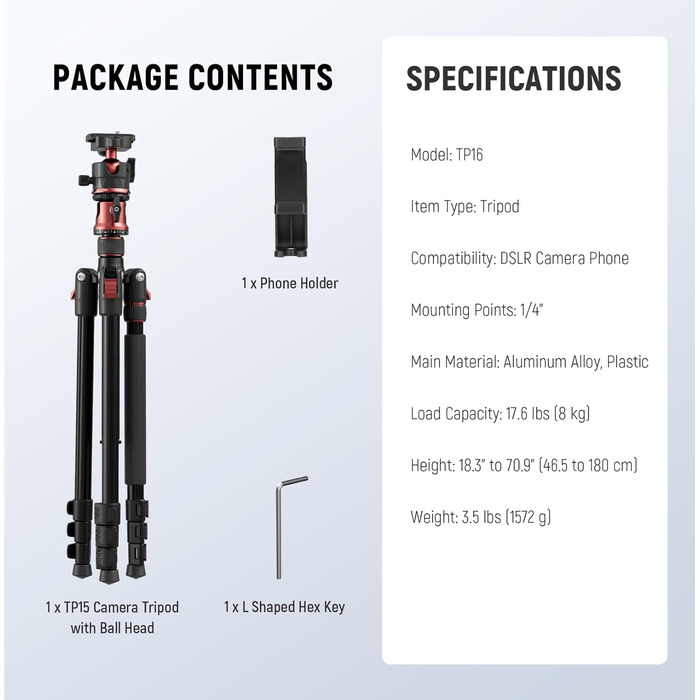 Штатив для камери NEEWER Basics з моноподом, 71' алюмінію, важкий, портативний, для подорожей, DSLR, мобільний, з кульковою головкою 360°, тримач для iPhone, для зйомки відео