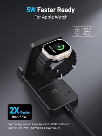 MagSafe Зарядний пристрій 3-в-1 для Apple Watch та iPhone (17 Pro Max/16/15), Бездротовий зарядний пристрій для Apple Watch (10-4) та AirPods, 25W, Чорний
